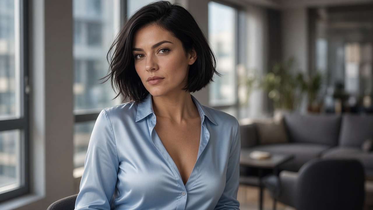Fictional adult woman with a short dark bob in a light-blue satin blouse in a modern apartment